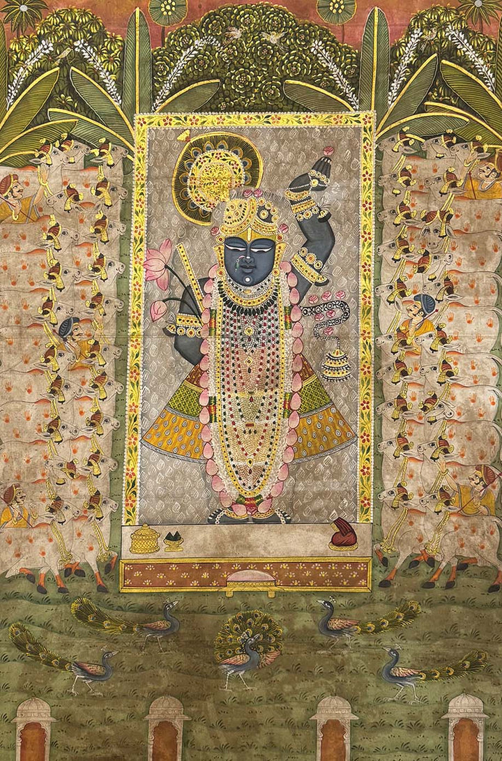 Sharad Purnima with 24 Swaroop Shreenathji Handmade Pichwai Painting (Handmade / Unframed / 115.5 x 173.9 cm)