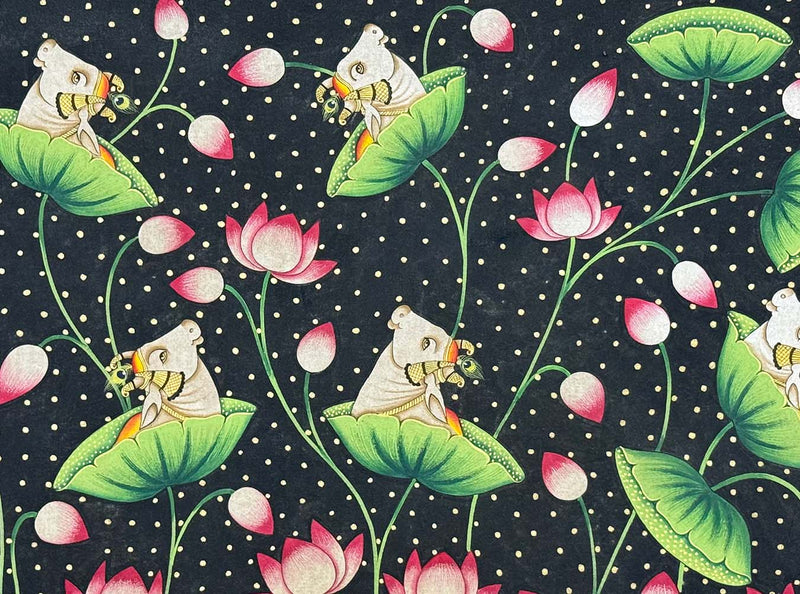 lotus and cows painting, closeup