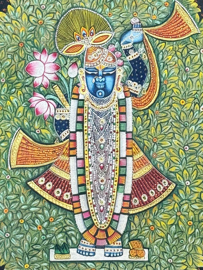 shrinathji pichwai painting, closeup