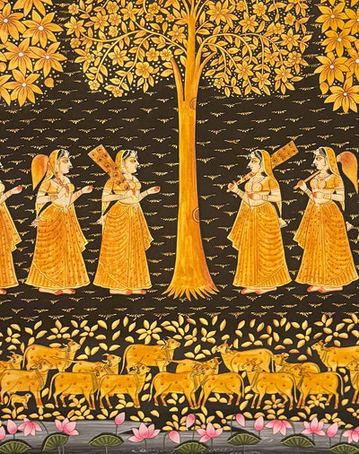 Pichwai Tree & Gopis Painting (Handmade / Unframed / 91.4 x 121.9 cm)