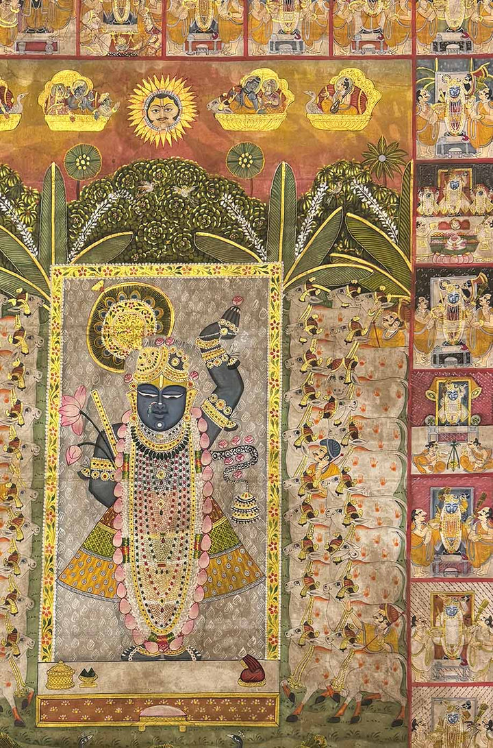 Sharad Purnima with 24 Swaroop Shreenathji Handmade Pichwai Painting (Handmade / Unframed / 115.5 x 173.9 cm)