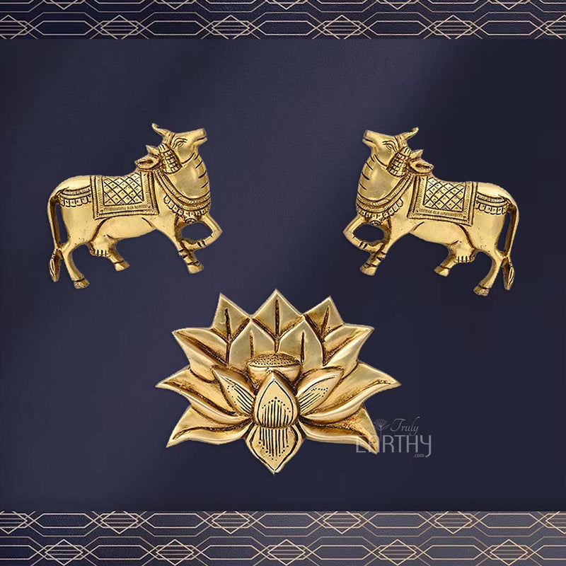 Kamdhenu Cows & Lotus - Set of 3 (Brass Wall Hanging)