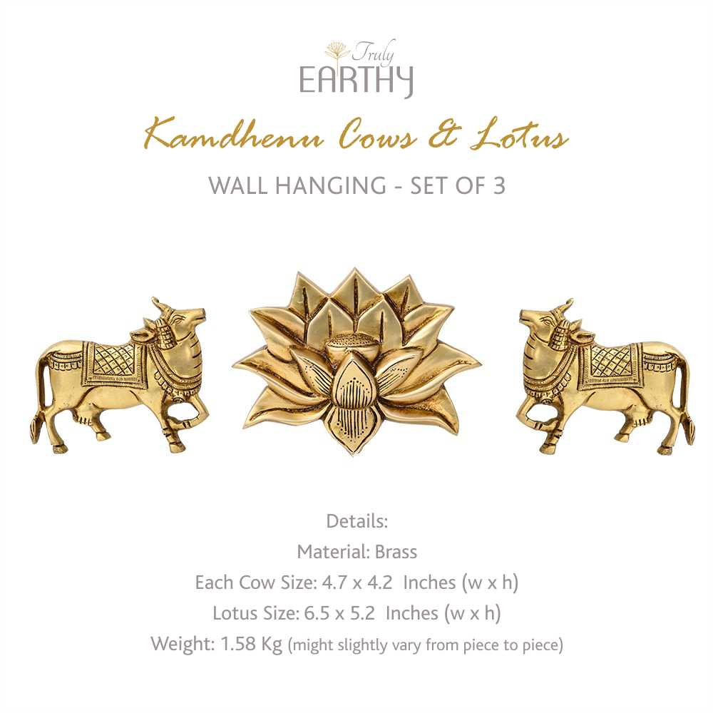 Kamdhenu Cows &amp; Lotus - Set of 3 (Brass Wall Hanging)