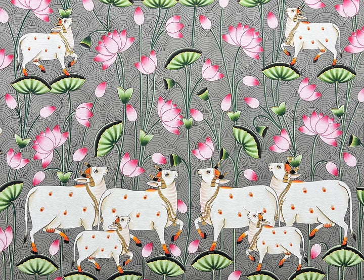 Cows in Lotus Pond - Handmade Pichwai Painting (Unframed)