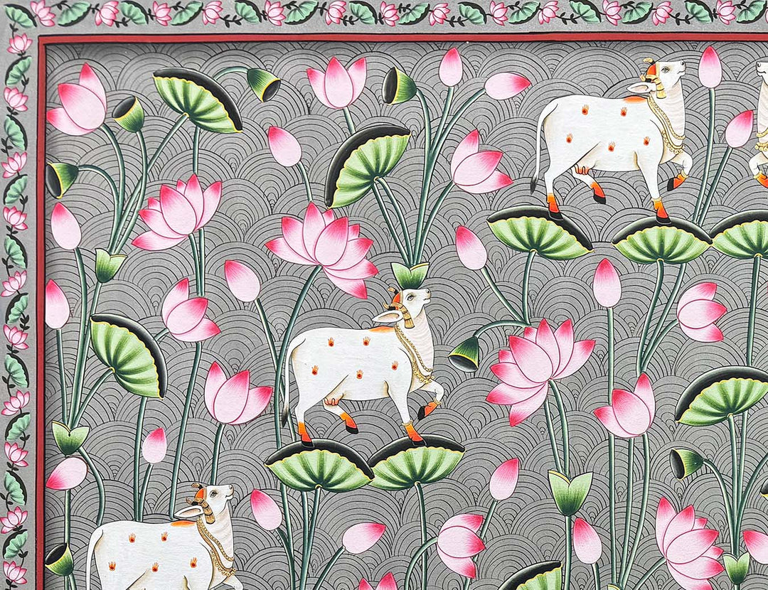 Cows in Lotus Pond - Handmade Pichwai Painting (Unframed)