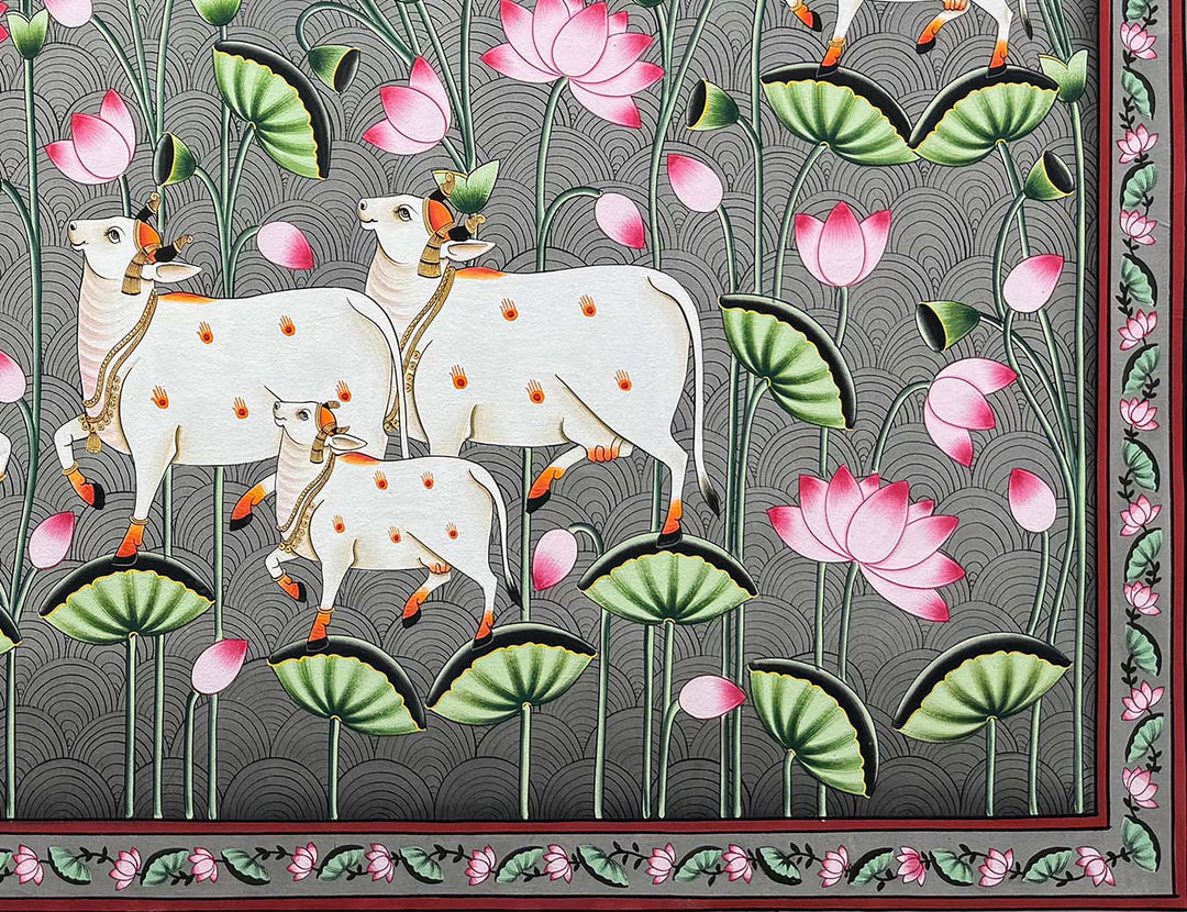 Cows in Lotus Pond - Handmade Pichwai Painting (Unframed)