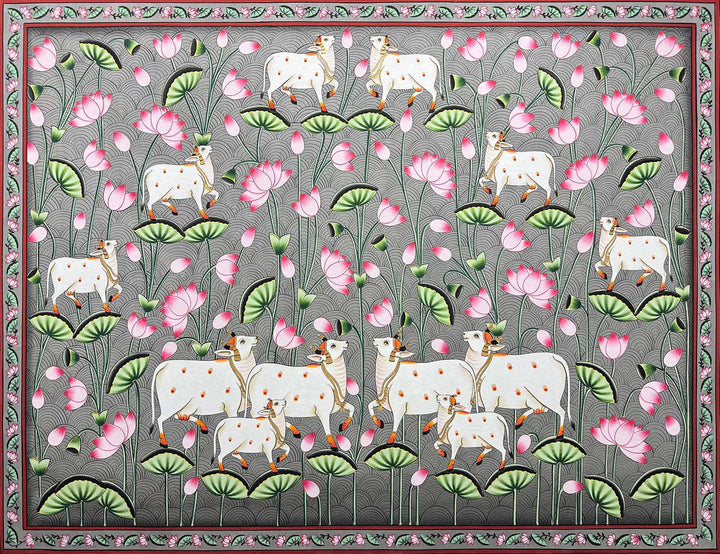 Cows in Lotus Pond - Handmade Pichwai Painting (Unframed)