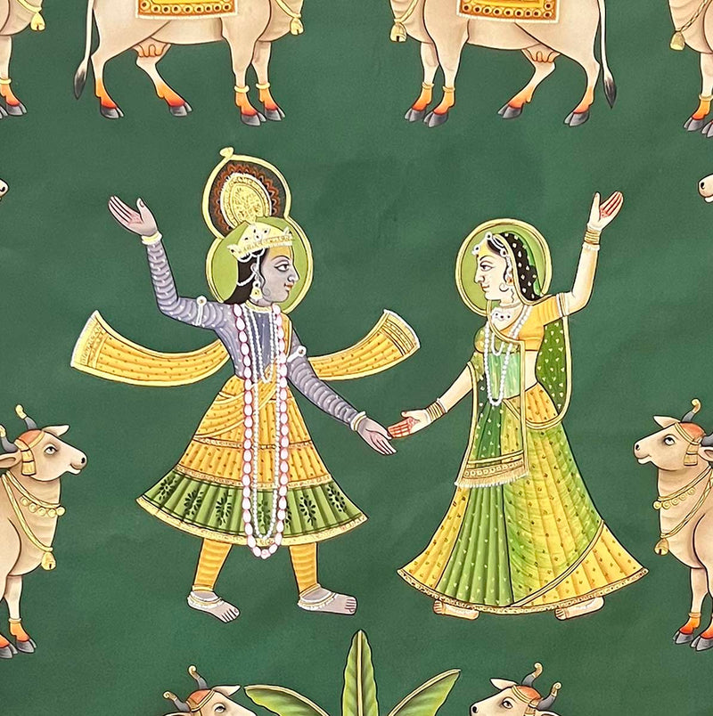 radha krishna pichwai painting, closeup