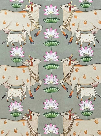 Hanmade Cows Pichwai Painting (Unframed / 33.5(w) x 45(h) Inches)