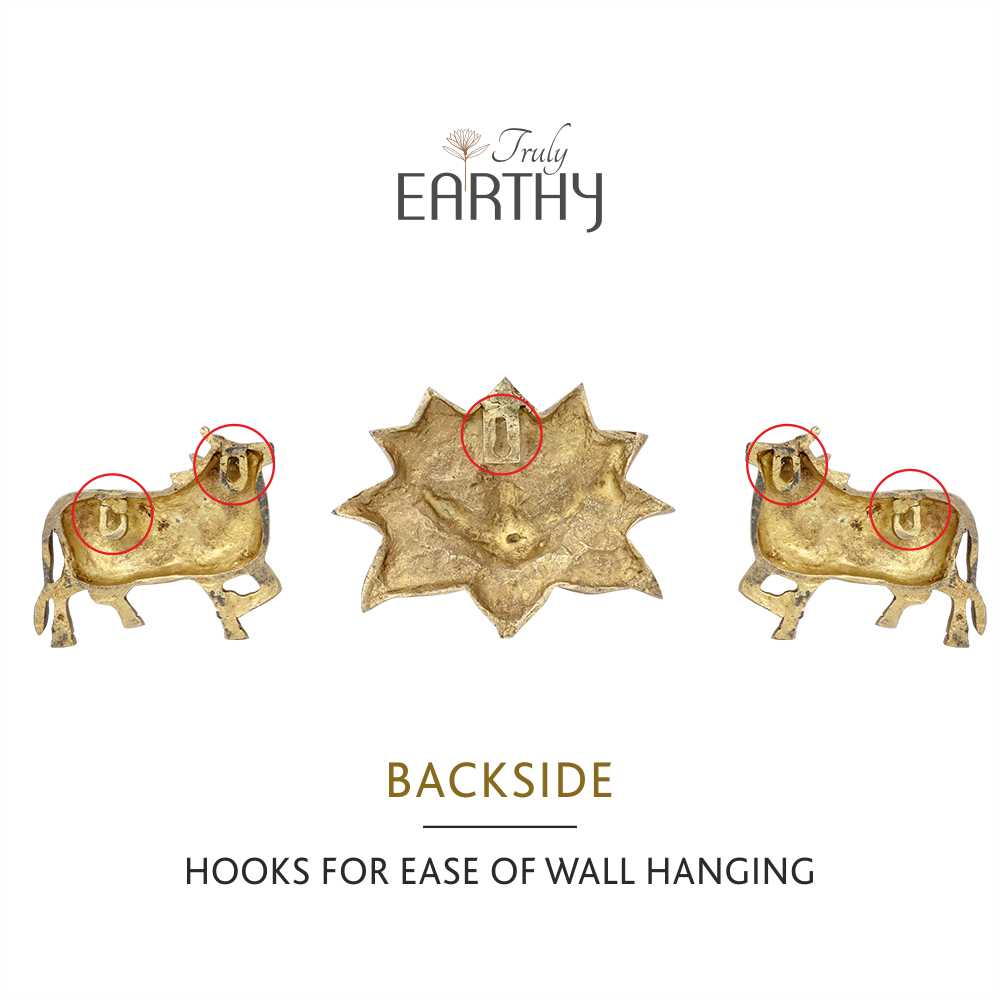 Kamdhenu Cows &amp; Lotus - Set of 3 (Brass Wall Hanging)