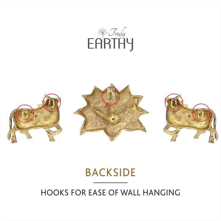 Kamdhenu Cows &amp; Lotus - Set of 3 (Brass Wall Hanging)