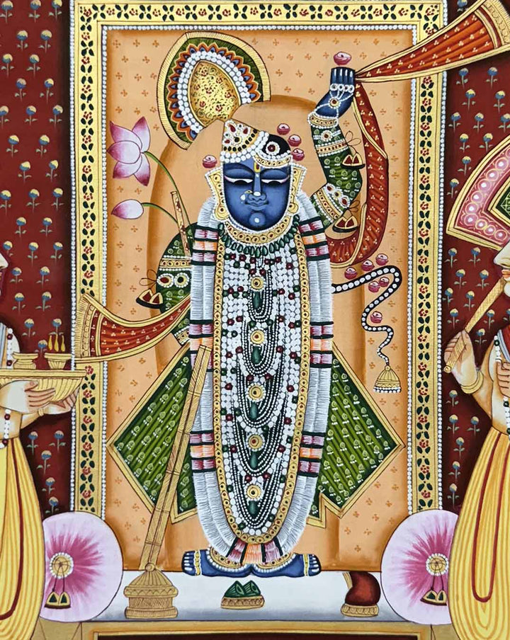 fine shrinathji pichwai painting, closeup angel
