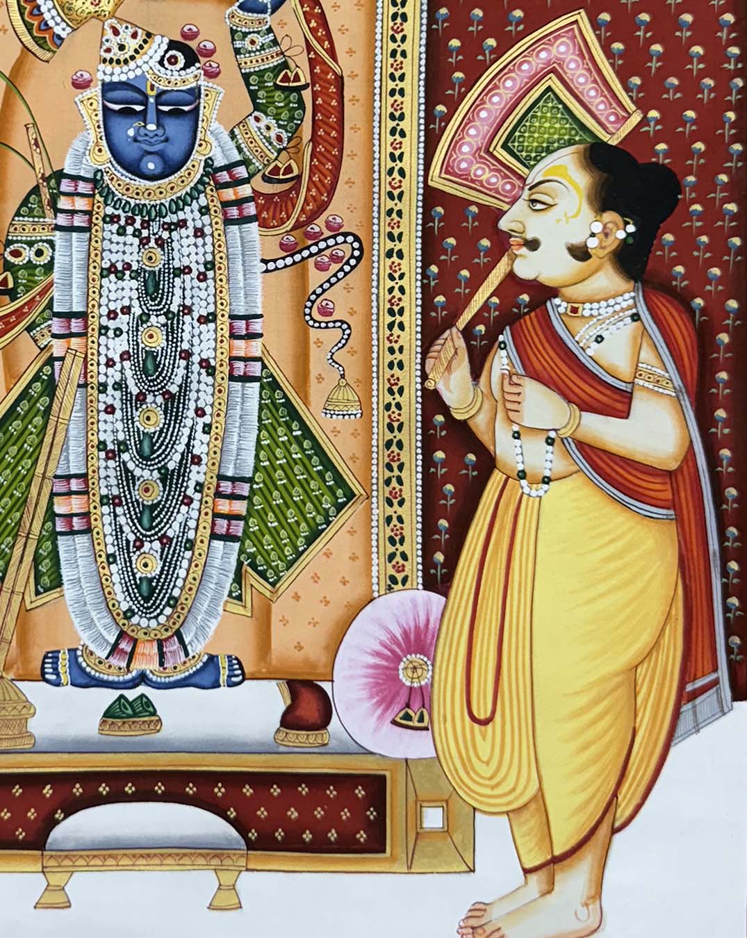 fine shrinathji pichwai painting, closeup angel 4