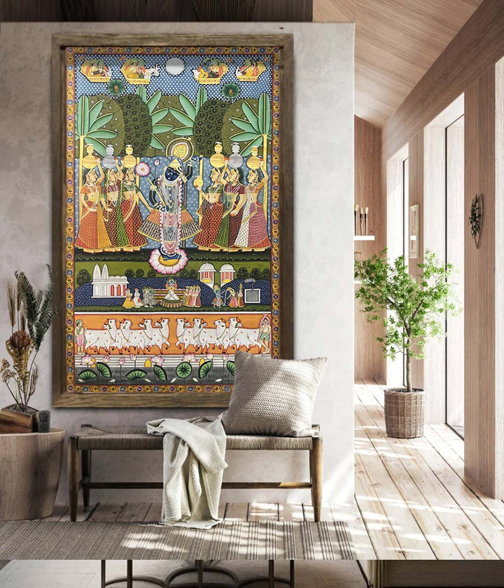 Shrinathji &amp; Gopis - Handmade Pichwai Painting (Unframed)
