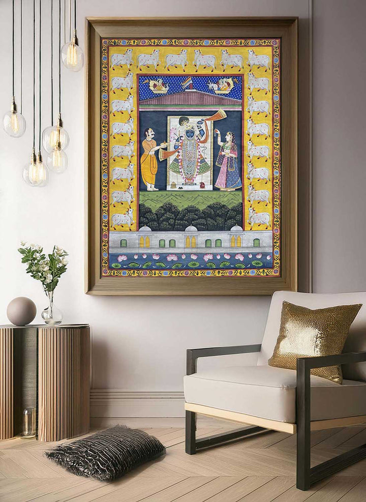 Shrinathji &amp; Cows - Handmade Pichwai Painting (Unframed / 91.4 x 120.6 cm)