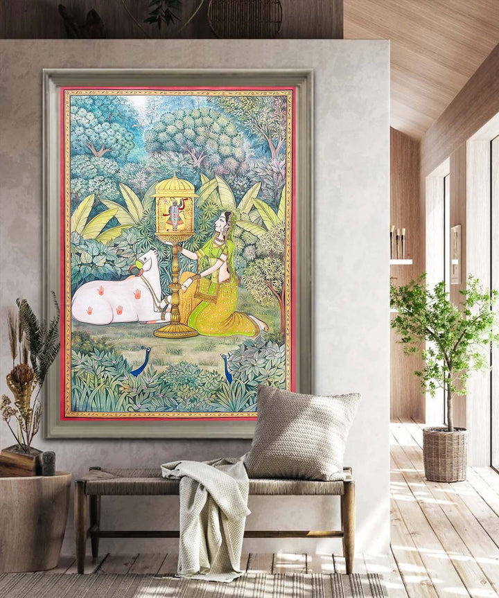 Shrinathji temple in jungle - Handmade Painting (Unframed / 106.6 x 160 cm)