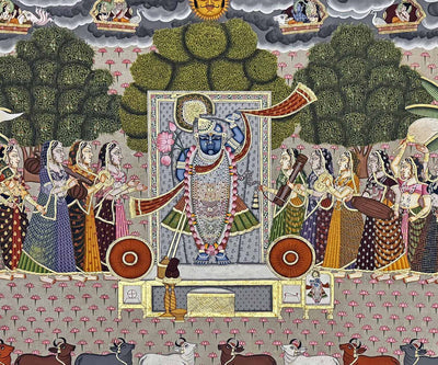 Shrinathji with Gopis and Cows Pichwai Painting (Handmade / Real Gold / Unframed / 105.9 x 119.3 cm)