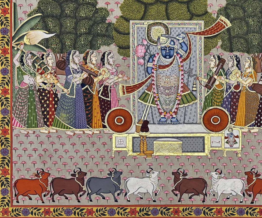 Shrinathji with Gopis and Cows Pichwai Painting (Handmade / Real Gold / Unframed / 105.9 x 119.3 cm)