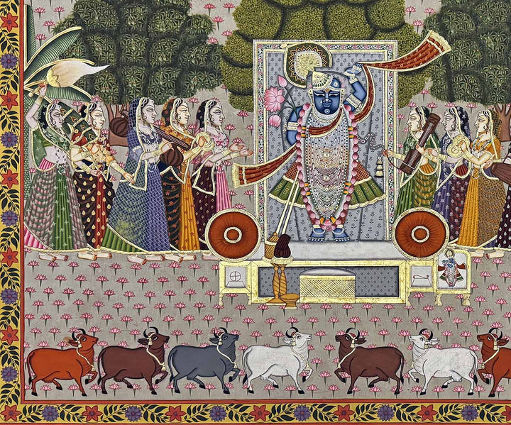 Shrinathji with Gopis and Cows Pichwai Painting (Handmade / Real Gold / Unframed / 105.9 x 119.3 cm)