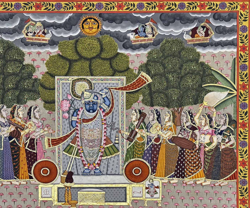 Shrinathji with Gopis and Cows Pichwai Painting (Handmade / Real Gold / Unframed / 105.9 x 119.3 cm)