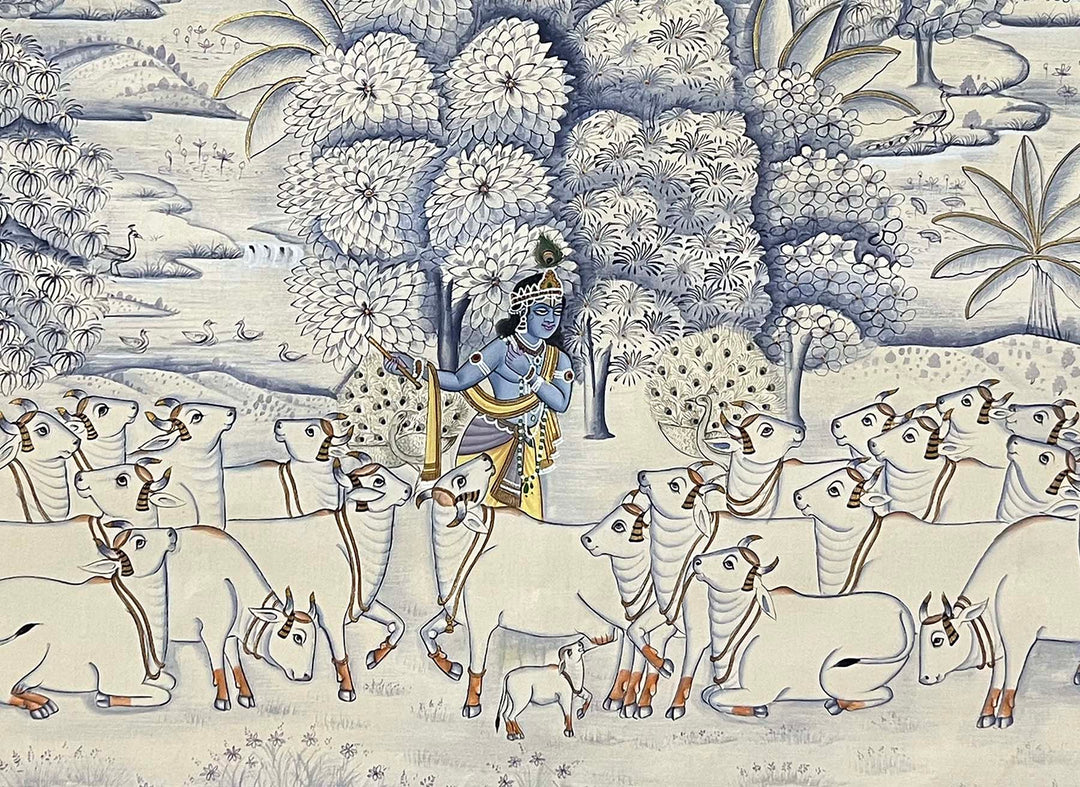 Krishna with Cows - Handmade Painting (Unframed)