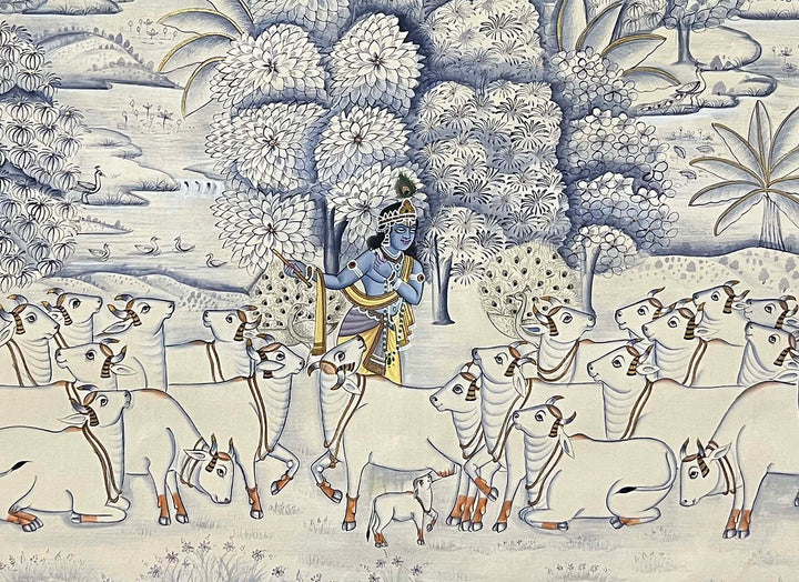 Krishna with Cows - Handmade Painting (Unframed)