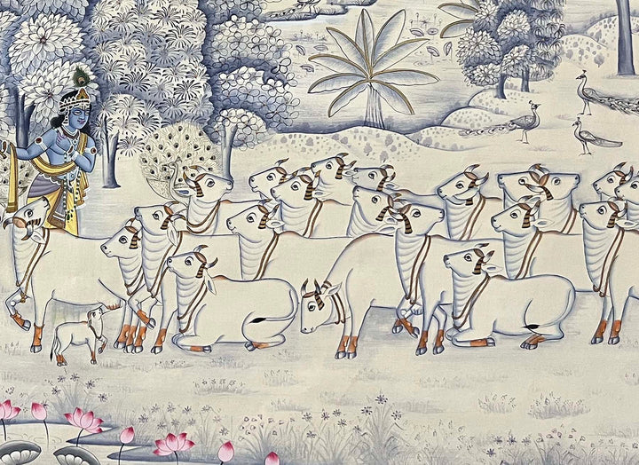 Krishna with Cows - Handmade Painting (Unframed)