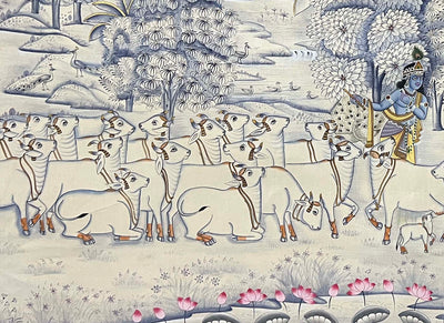 Krishna with Cows - Handmade Painting (Unframed / 46(w) x 34(h) inches)