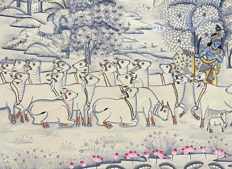 Krishna with Cows - Handmade Painting (Unframed / 46(w) x 34(h) inches)