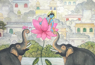 krishna pichwai painting, closeup