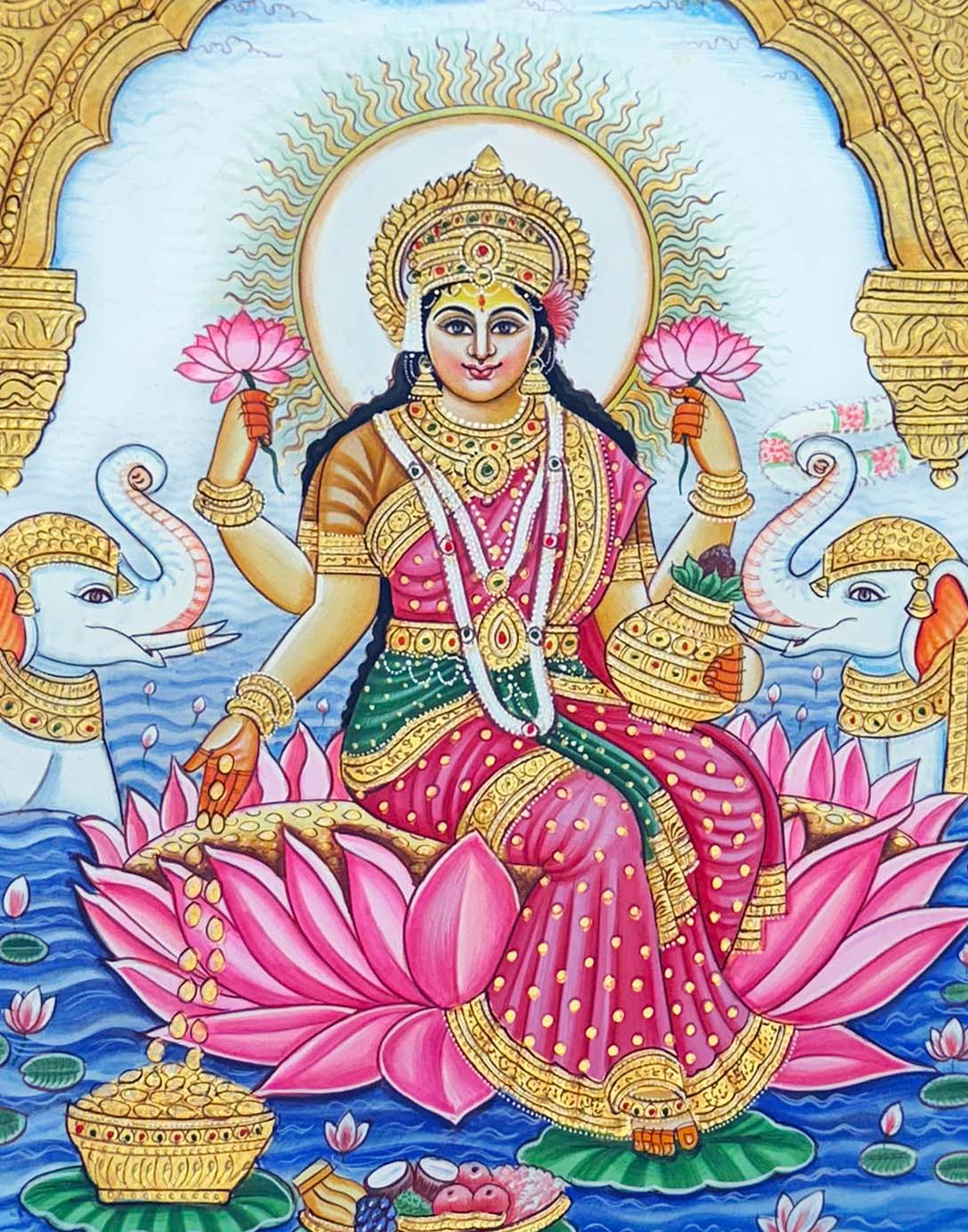 Shree Gaja Lakshmi Ji Painting - Handmade Tanjore Style Painting (Embossing Work / Unframed)