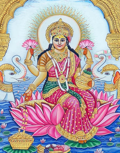 Shree Gaja Lakshmi Ji Painting - Handmade Tanjore Style Painting (Embossing Work / Unframed)