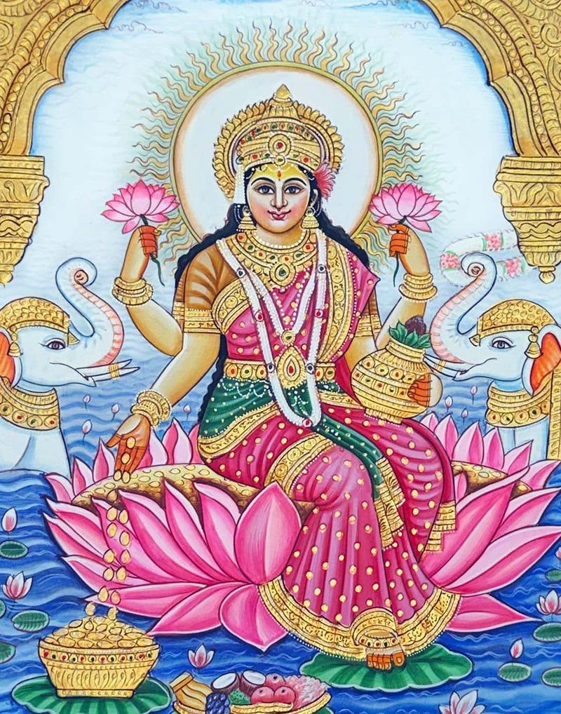 Shree Gaja Lakshmi Ji Painting - Handmade Tanjore Style Painting (Embossing Work / Unframed)
