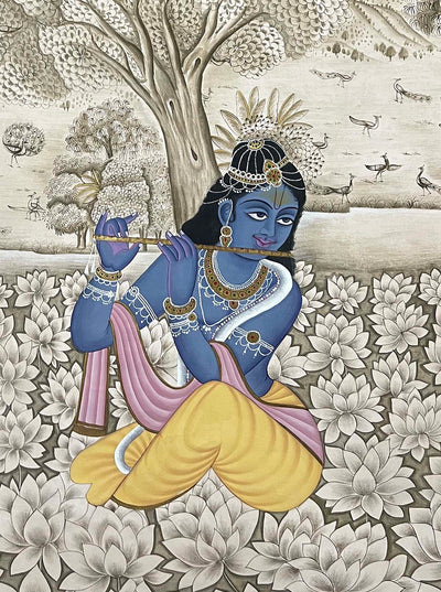 krishna monochrome painting, closeup