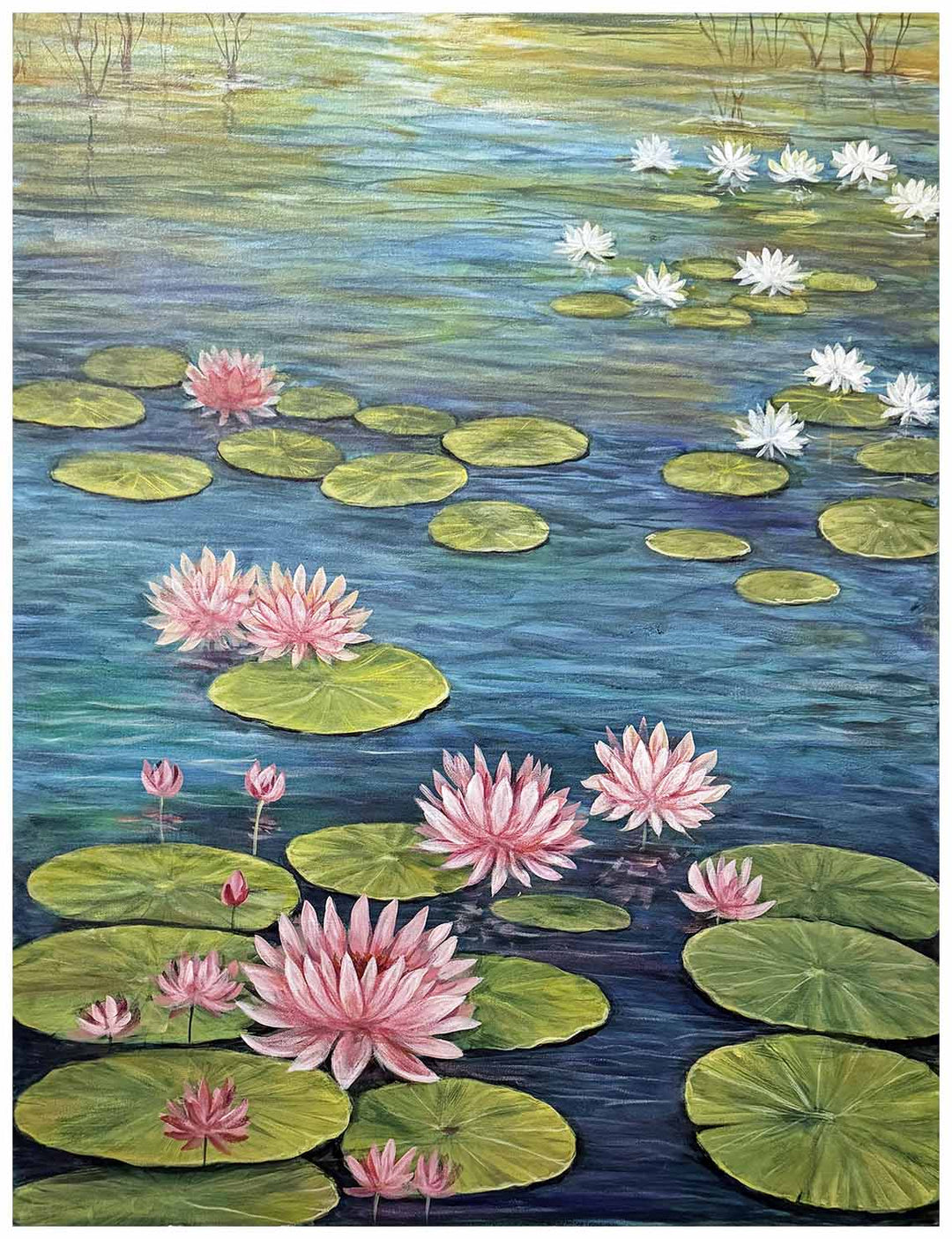 Painting of pink water lilies and green lily pads on a pond.