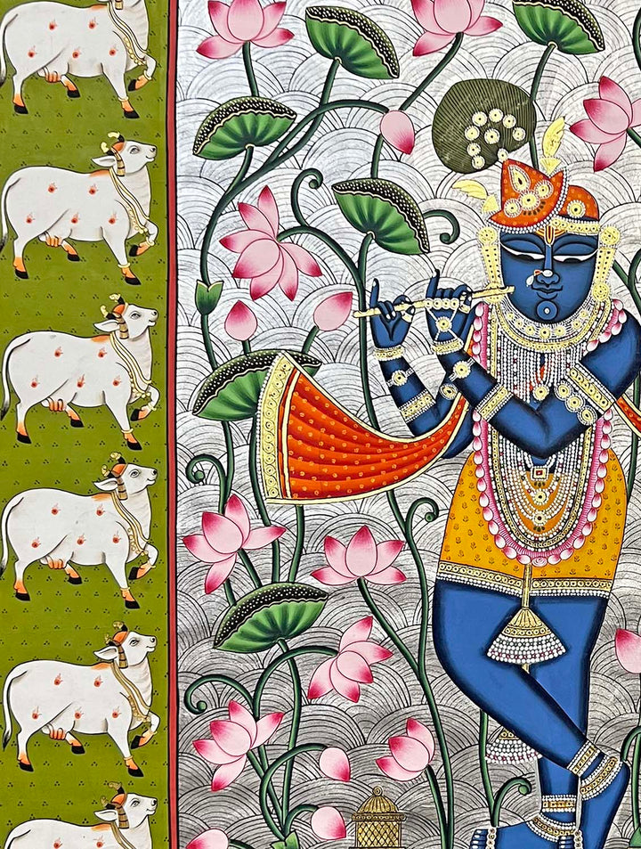 pichwai shrinathji painting, closeup angel 1