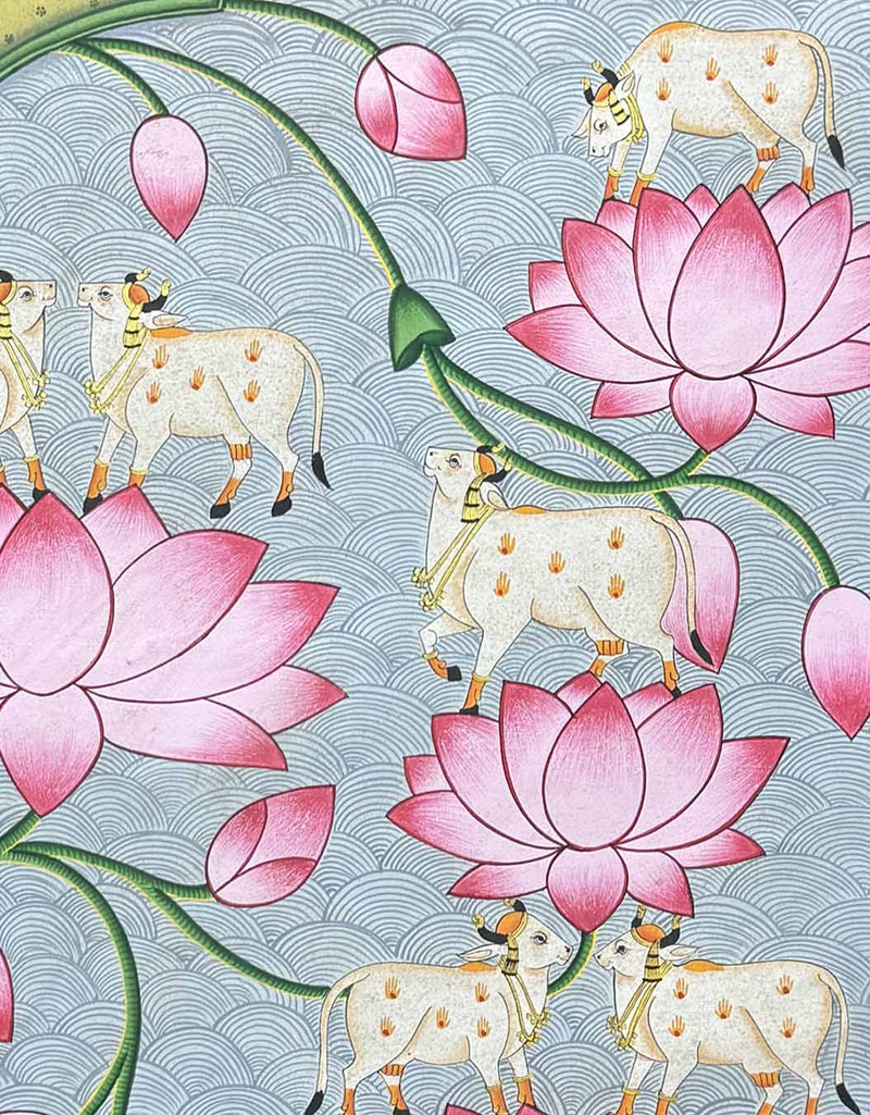 cow lotus painting, closeup