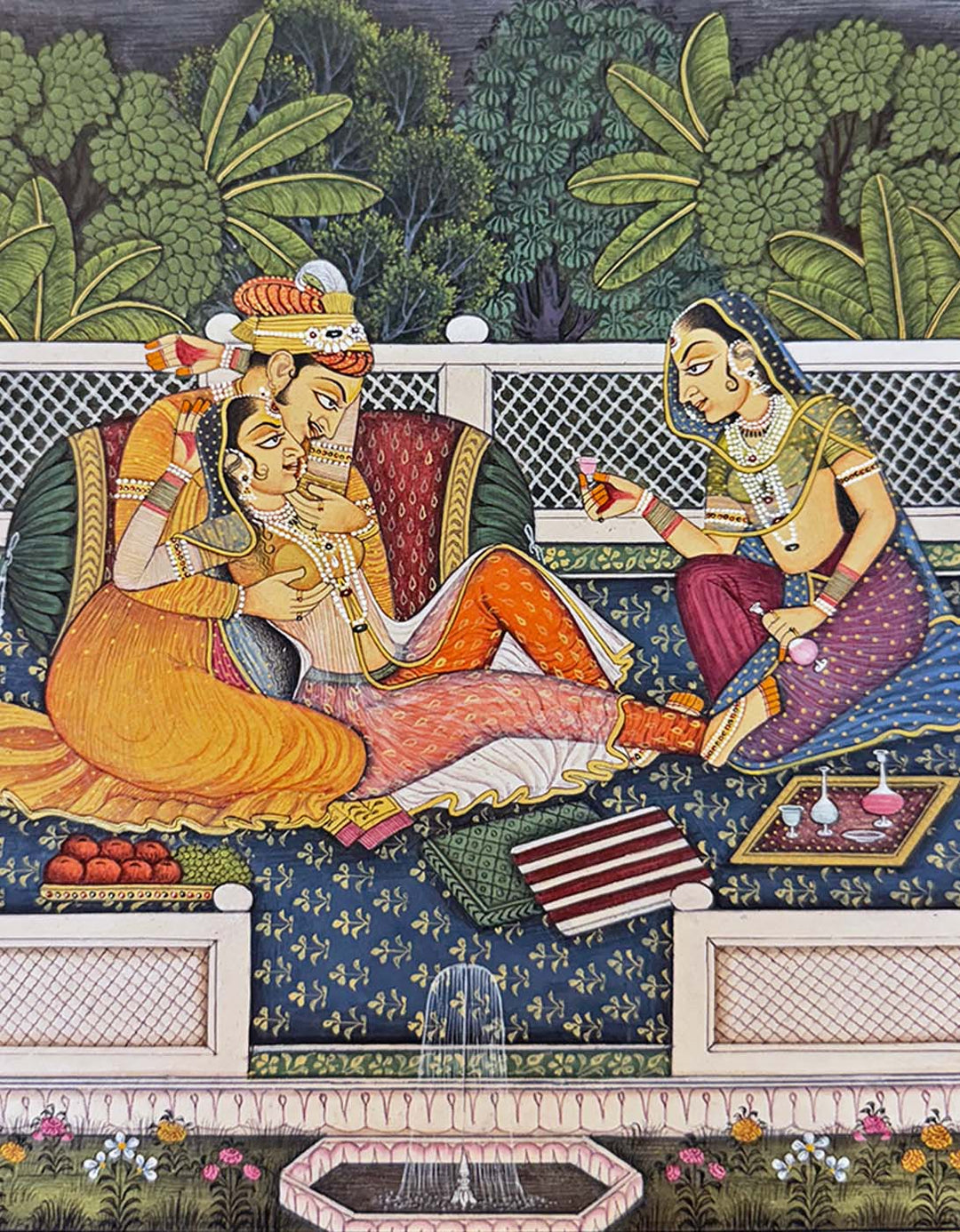 Emperor Jahangir with Empress Nur Jahan &amp; concubine - Handmade Miniature Painting