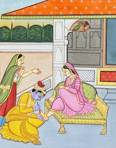 Krishna Tends to Radha's Feet - Handmade Miniature Painting