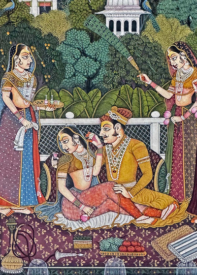 Royal Couple with Attendants - Handmade Miniature Painting