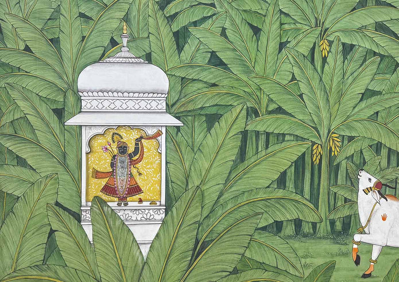 Shrinathji in the Green Embrace - Handmade Pichwai Painting (Unframed / 152.4 x 106.6 cm)