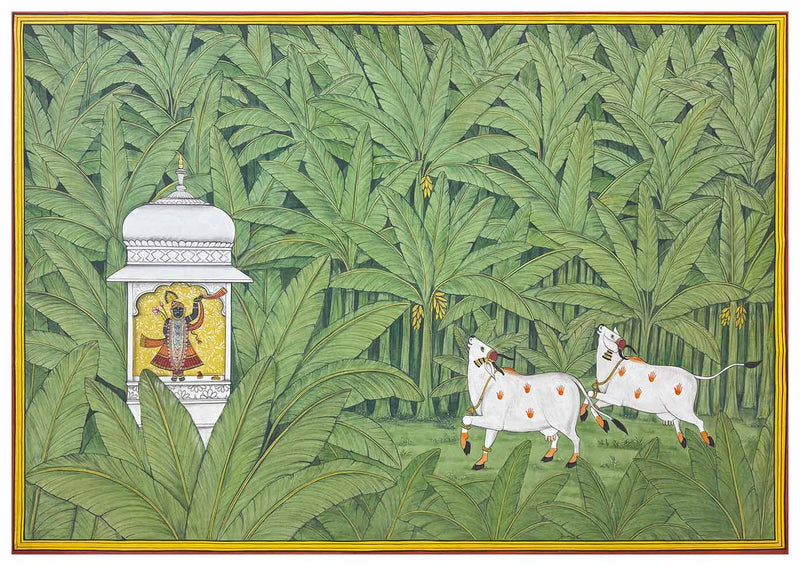 Shrinathji in the Green Embrace - Handmade Pichwai Painting (Unframed / 152.4 x 106.6 cm)