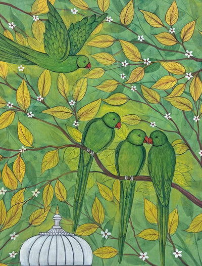Indian Parrots Painting (Handmade / Unframed / 60.9 x 81.2 cm)