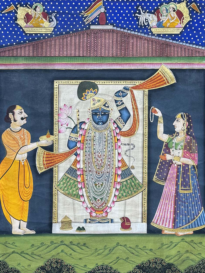 Shrinathji &amp; Cows - Handmade Pichwai Painting (Unframed / 91.4 x 120.6 cm)
