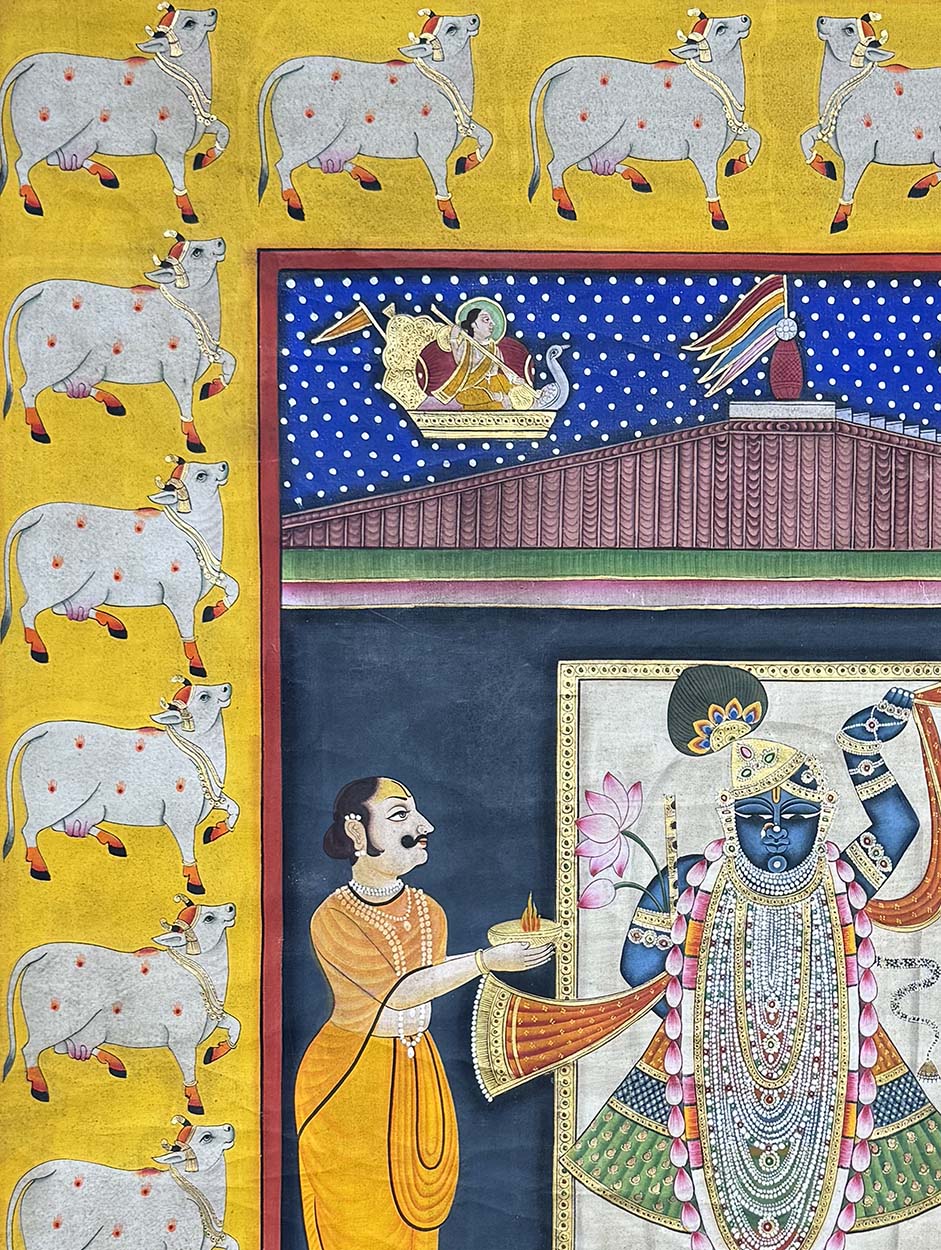 Shrinathji &amp; Cows - Handmade Pichwai Painting (Unframed / 91.4 x 120.6 cm)