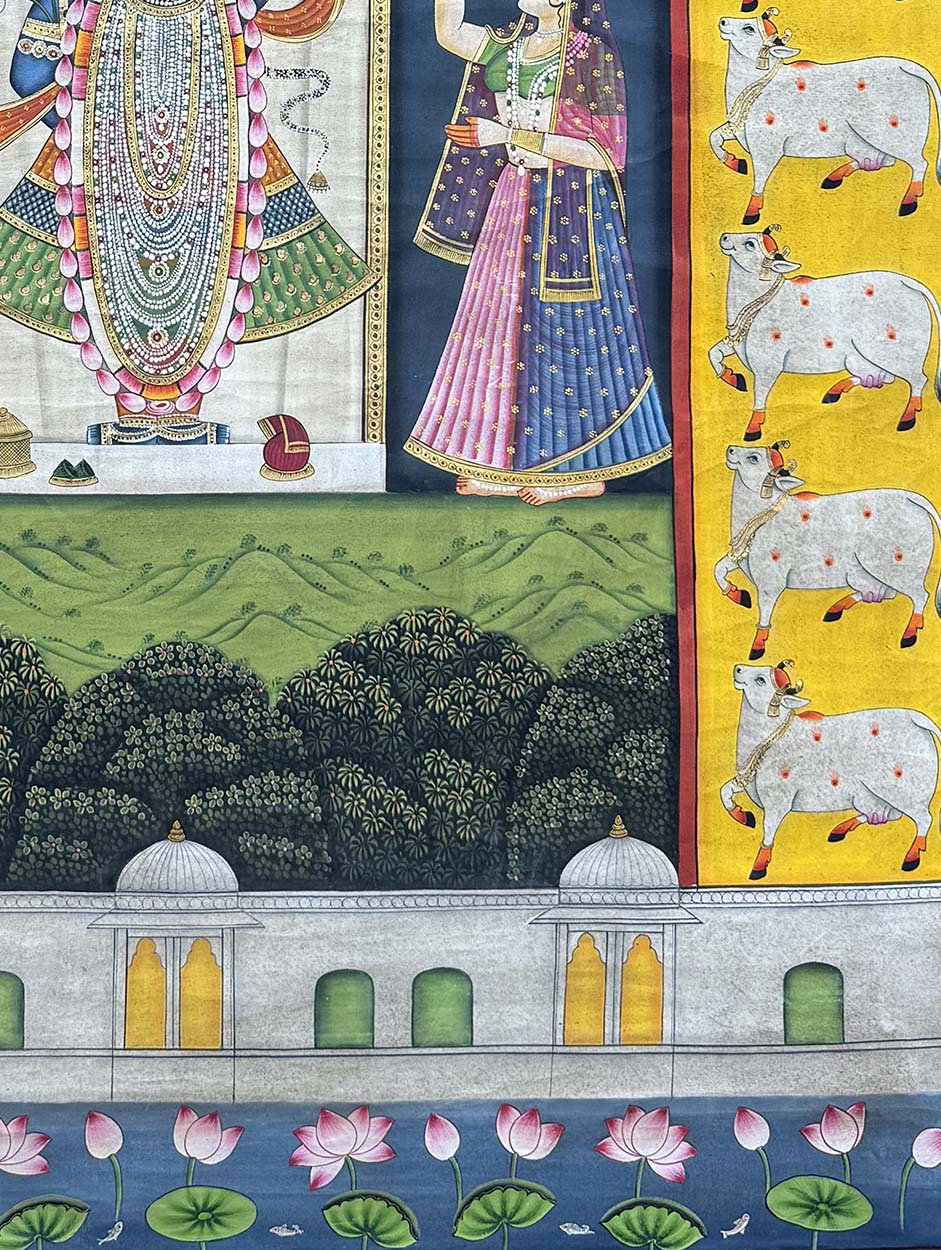 Shrinathji &amp; Cows - Handmade Pichwai Painting (Unframed / 91.4 x 120.6 cm)