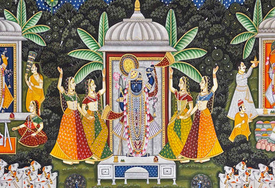 Teen Darshan - Handmade Pichwai Painting (Unframed / 151.6 x 91.4 cm)