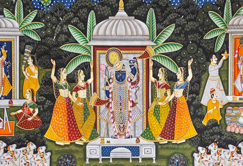 Teen Darshan - Handmade Pichwai Painting (Unframed / 151.6 x 91.4 cm)