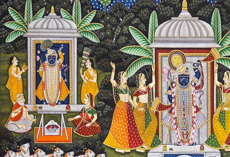 Teen Darshan - Handmade Pichwai Painting (Unframed / 151.6 x 91.4 cm)