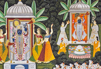 Teen Darshan - Handmade Pichwai Painting (Unframed / 151.6 x 91.4 cm)